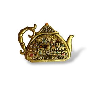 JERUSALEM BRASS ENAMEL MINIATURE TEAPOT PILL BOX ISRAEL Snuff Salt Pillbox Mini